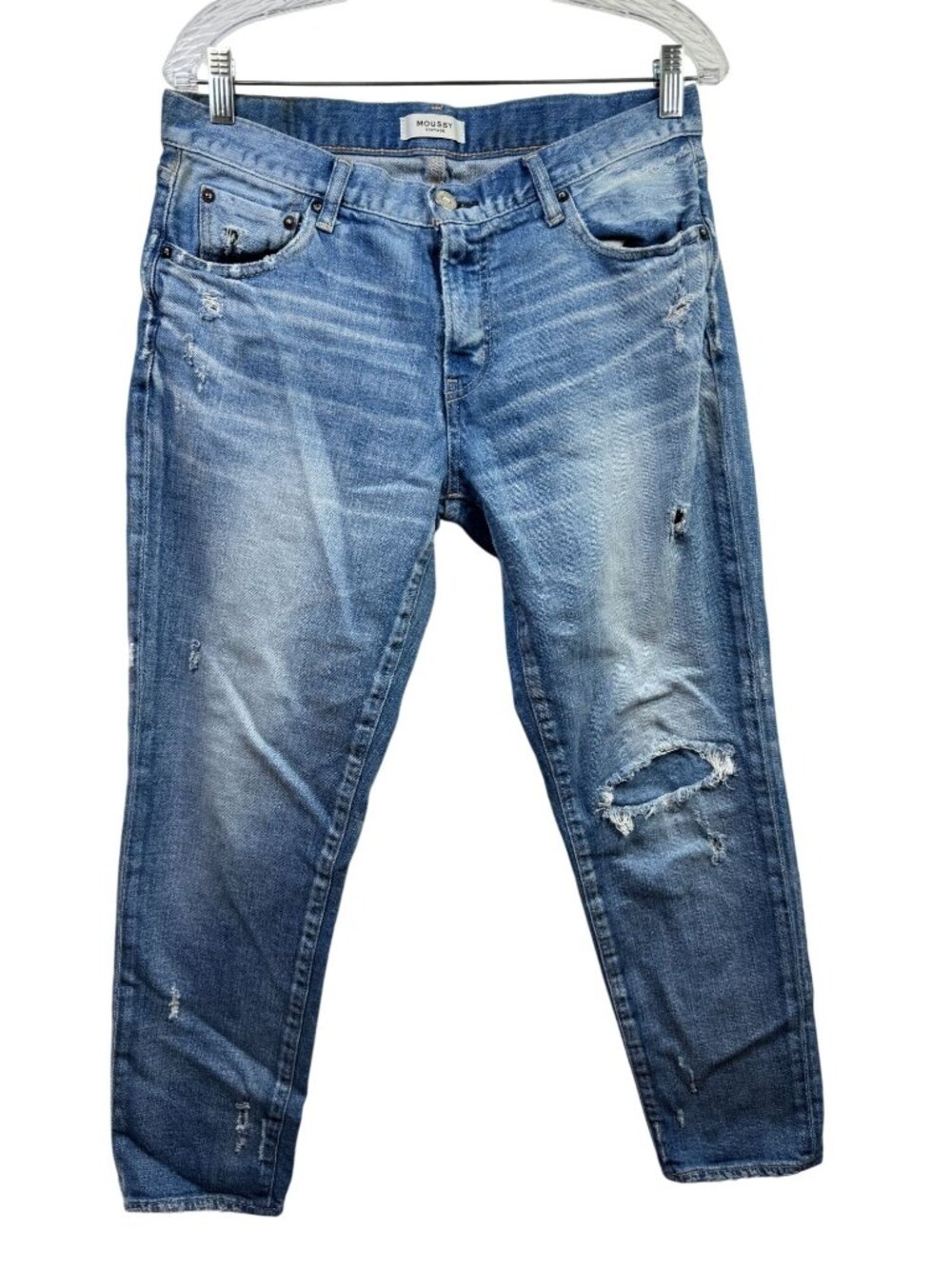 Moussy Vintage Distressed Slim Jeans Womens Blue Denim size 32x27 Made In Japan